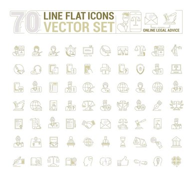 Vector graphic set. Icons in flat, contour, thin and linear design.Lawyer.Online legal advice.Online jurist.Simple icon on white background.Concept illustration for Web site, app.Sign, symbol, emblem.