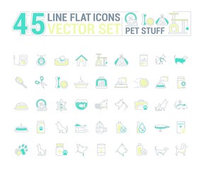 Vector graphic set. Icons in flat, contour, thin and linear design.Stuff for pets and their owners.Simple icon on white background.Concept illustration for Web site, app.Sign, symbol, emblem.