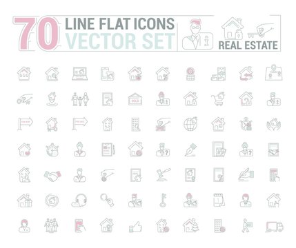 Vector graphic set. Icons in flat, contour, thin and linear design.Real estate.Simple isolated icon on white background.Concept illustration for Web site, app.Sign, symbol, emblem.