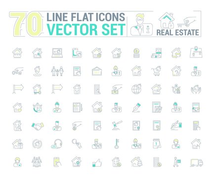 Vector graphic set. Icons in flat, contour, thin and linear design.Real estate.Simple isolated icon on white background.Concept illustration for Web site, app.Sign, symbol, emblem.