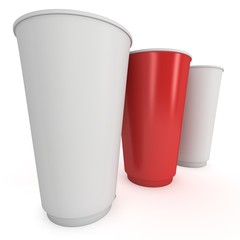 Disposable drink cups. Red paper mug. 3d render isolated on white background