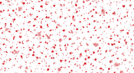 Valentines Day background of red hearts petals falling on white background. Symbol of love for the label gift packages. Flower petal in shape of heart confetti. Decor pink element for greeting cards.