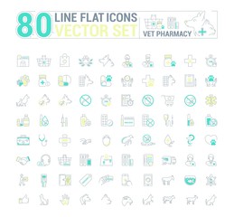 Vector graphic set. Icons in flat, contour, thin and linear design.Vet pharmacy. Preparations for animals.Simple icon on white background.Concept illustration for Web site, app. Sign, symbol, emblem.