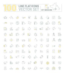 Vector graphic set. Icons in flat, contour, thin and linear design.Veterinary Medicine. Treatment, diagnosis and symptoms of pet disease.Consultation of doctor. Concept sign, symbol for Web site, app.