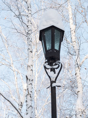 Street lamp covered with snow in the park