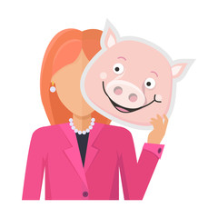 Woman with Pig Mask Flat Design Illustration 