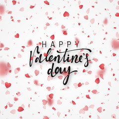 Happy Valentines Day lettering greeting card. Bright red hearts flying in the form of petals on a white background. Pink heart in frame. Festive banner and poster.