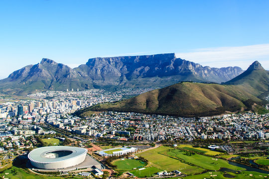 Aerial view of Table mountain in Cape Town