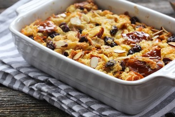 Homemade Orange bread pudding casserole, selective focus
