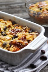 Homemade Orange bread pudding casserole, selective focus