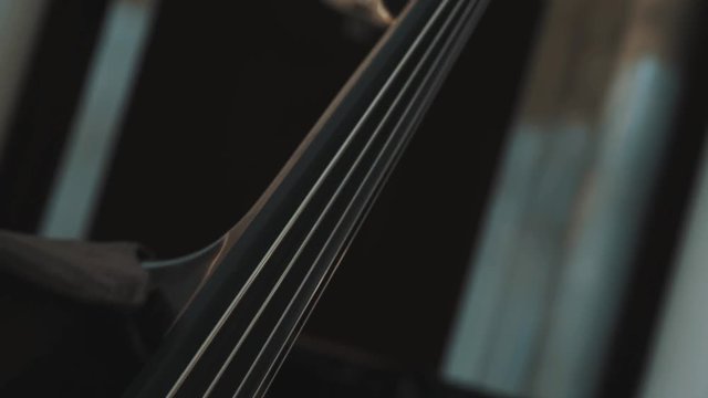 Panoramic close up shot of cello fingerboard. Blured chandelier on a background