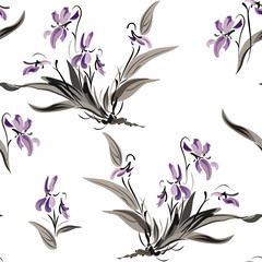 Seamless pattern of exotic purple flowers on a white background.