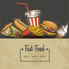 Background with elements of fast food. Sketch, engraving. Vector Hand-drawn food for menu, advertising or packaging.