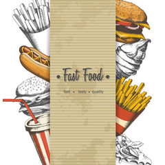 Background with hand-drawn fast food isolated on white. Sketch, engraving, hatching. Vector Design elements for menu, advertising or packaging.