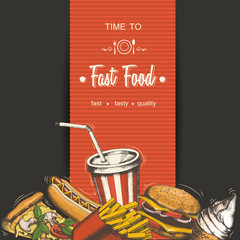 Set of hand-drawn fast food menu. Background with food for advertising or packaging. Sketch. Vector design