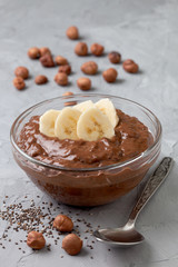 chocolate hazelnut chia pudding with banana