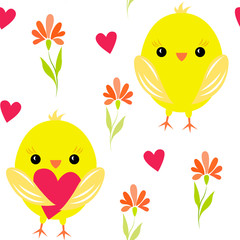 pattern with yellow chickens and hearts