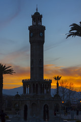 Red sunset at the clock tower of Izmir (Turkey)