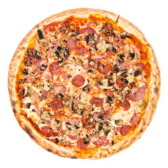 Delicious classic italian Pizza Carbonara with ham, sausages tomatoes, mushrooms and cheese