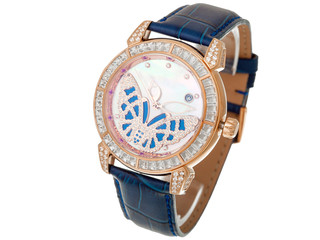 Female wrist watch dial with butterfly from diamond.
