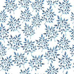 Seamless pattern with blue branchea and leaves on white background. Hand drawn watercolor illustration.