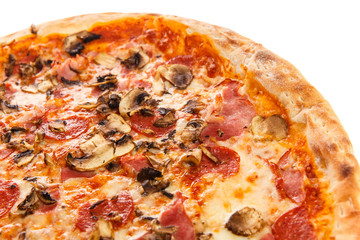 Fragment of delicious classic italian Pizza Carbonara with ham, sausages tomatoes, mushrooms and cheese