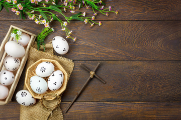 Top view easter background.Happy easter eggs painted .