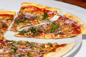 Pizza with tuna, cheese, tomatoes red onion is on the table.