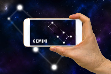 Augmented Reality, AR, of Gemini Zodiac Constellation App on Smartphone Screen Concept