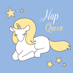 Napping Unicorn. Cute magical , lovely graphics for t-shirts, greeting card, good vibes