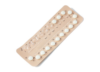 Colorful oral contraceptive pill strips isolated on white background with clipping path. birth control pill - healthcare and medicine. Strip of Contraceptive Pill with English Instructions.