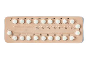Colorful oral contraceptive pill strips isolated on white background with clipping path. birth...