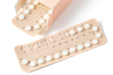Colorful oral contraceptive pill strips isolated on white background with clipping path. birth...