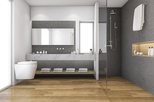 3d rendering loft wood and stone decor bathroom near window