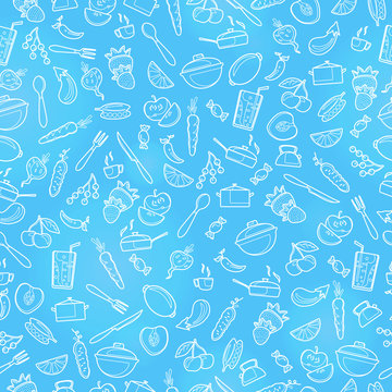Seamless pattern with outline icons on a theme kitchen accessories and food , a light  outline on a blue  background