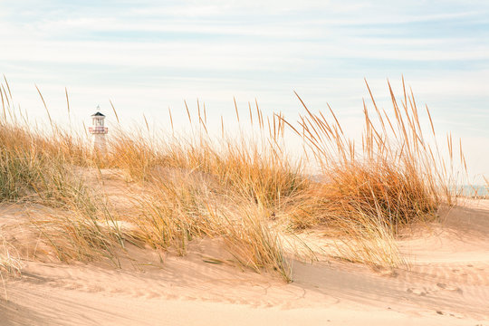 Beach with lighthouse in the background