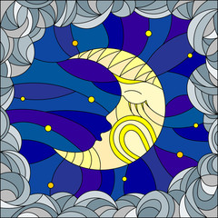 Naklejki  Illustration in stained glass style with the fabulous moon with a face against the sky and clouds