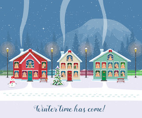 Winter time has come. Postcard with pretty houses in the snow. Decorated Christmas elements.