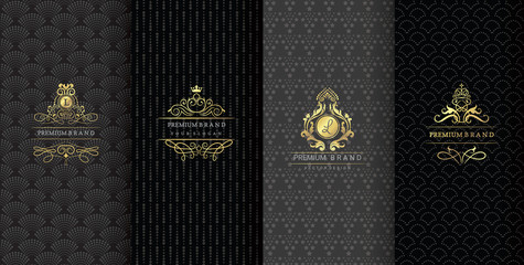  Collection of design elements,labels,icon,frames, for packaging,design of luxury products.Made with golden foil.Isolated on black background. vector illustration