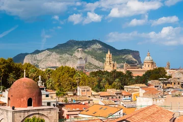 Fotobehang Panoramisch uitzicht op Palermo met zijn kathedraal en Monte Pellegrino op de achtergrond © Roberto Lo Savio
