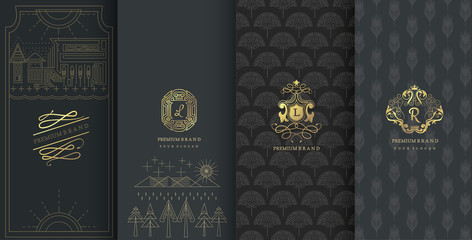  Collection of design elements,labels,icon,frames, for packaging,design of luxury products.Made with golden foil.Isolated on black background. vector illustration