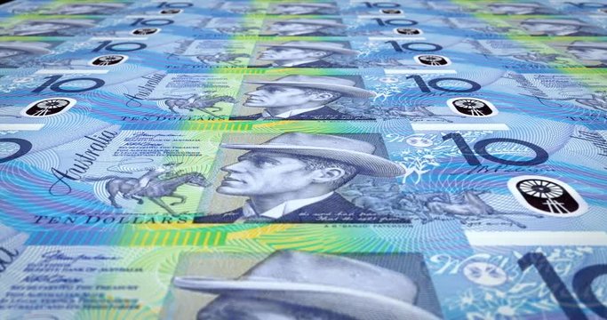 Banknotes of ten australian dollars rolling on screen, cash money, loop