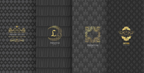  Collection of design elements,labels,icon,frames, for packaging,design of luxury products.Made with golden foil.Isolated on black background. vector illustration