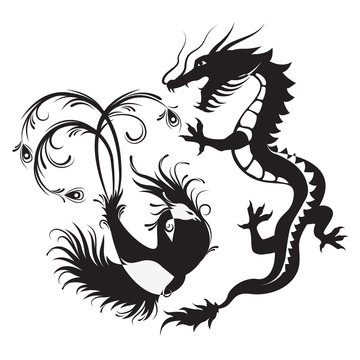 Silhouette of phoenix bird and dragon. Symbol of balance. Dragon that in such a combination would be a symbol of masculine Yang energy, while Phoenix - embody the feminine energy.