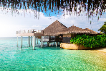 Water bungalows resort at islands. Indian Ocean, Maldives
