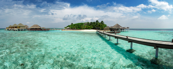 Water bungalows resort at islands. Indian Ocean, Maldives