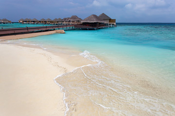 Water bungalows resort at islands. Indian Ocean, Maldives