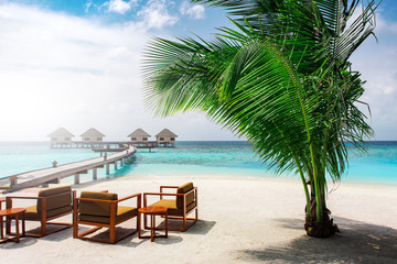 Water bungalows resort at islands. Indian Ocean, Maldives