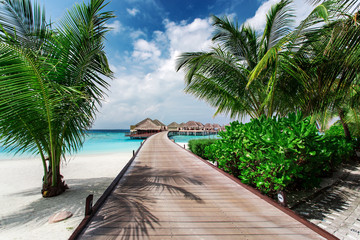 Water bungalows resort at islands. Indian Ocean, Maldives