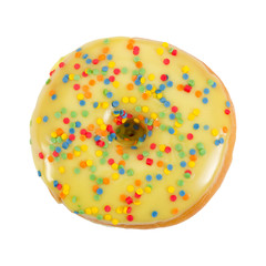 Donut with yellow glaze and colorful sprinkles